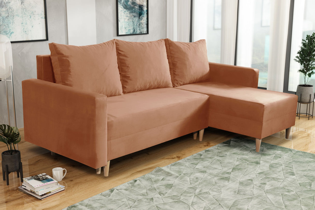 NEW! CORNER SOFA BED SNUGGY 222CM CHOICE OF 41 COLORS UNIVERSAL CORNER RIGHT/LEFT / FOAMTHIS MODEL IS UNIVERSAL WHICH MEANS YOU CAN CHOOSE CORNER SIDE DURING ASSEMBLY3x PILLOWS INCLUDED1X STORAGE SPACESOFT TOUCH FABRC MANILA CLICK HERE DIMENTIONS222X137.5