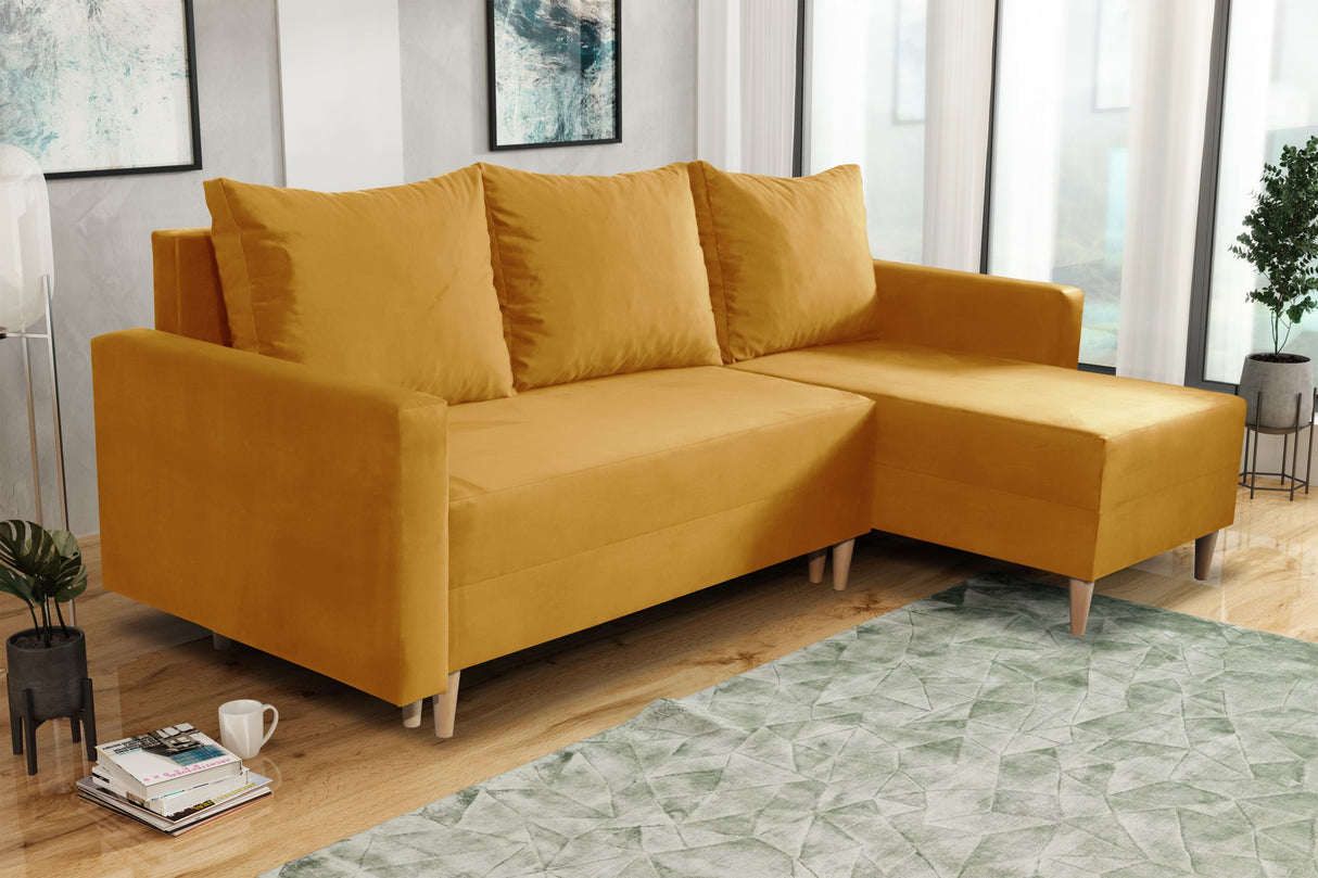 NEW! CORNER SOFA BED SNUGGY 222CM CHOICE OF 41 COLORS UNIVERSAL CORNER RIGHT/LEFT / FOAMTHIS MODEL IS UNIVERSAL WHICH MEANS YOU CAN CHOOSE CORNER SIDE DURING ASSEMBLY3x PILLOWS INCLUDED1X STORAGE SPACESOFT TOUCH FABRC MANILA CLICK HERE DIMENTIONS222X137.5