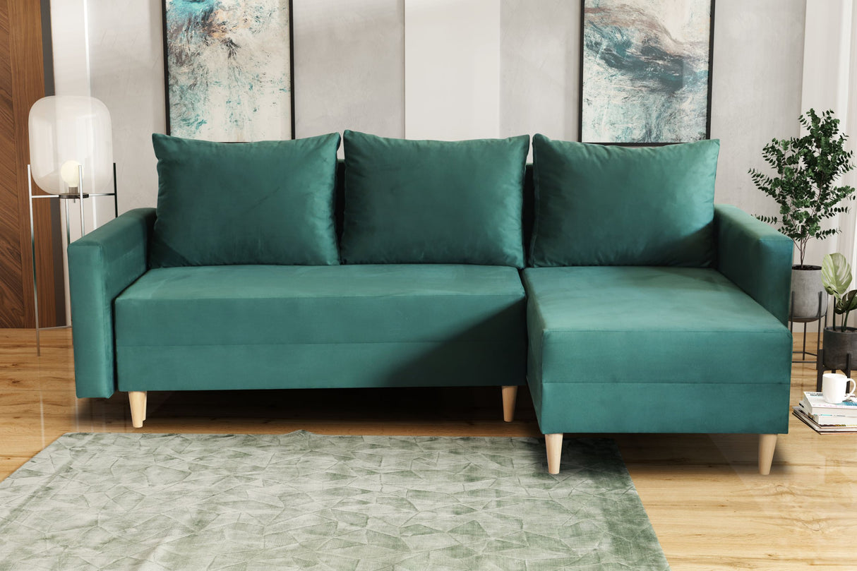 NEW! CORNER SOFA BED SNUGGY 222CM CHOICE OF 41 COLORS UNIVERSAL CORNER RIGHT/LEFT / FOAMTHIS MODEL IS UNIVERSAL WHICH MEANS YOU CAN CHOOSE CORNER SIDE DURING ASSEMBLY3x PILLOWS INCLUDED1X STORAGE SPACESOFT TOUCH FABRC MANILA CLICK HERE DIMENTIONS222X137.5