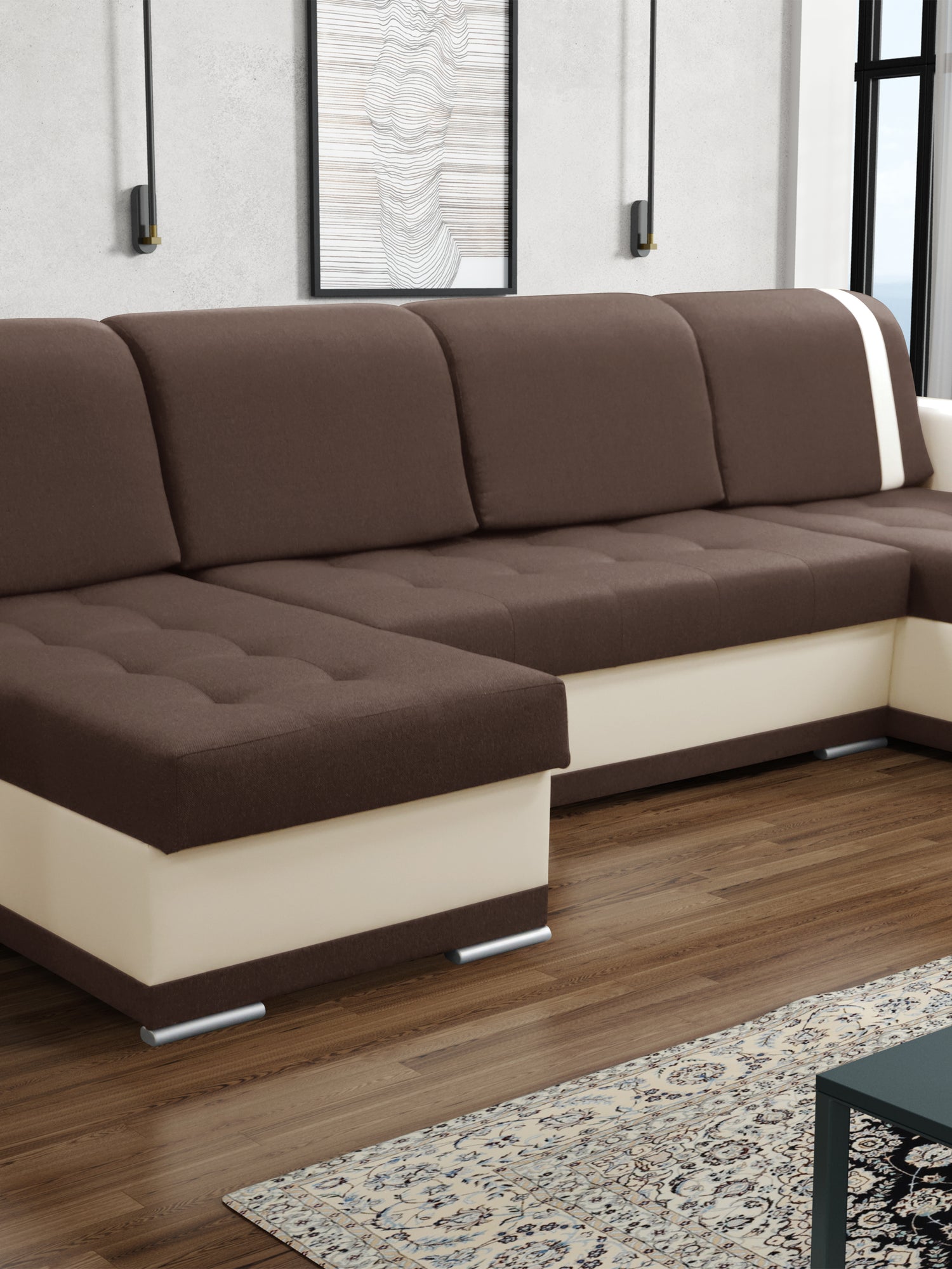 CORNER SOFA BED DINA U SHAPE 308CM 3X STORAGE SPACE CHOICE OF COLOR / BONELL SPRINGS + FOAM3X STORAGE SPACEBONELL SPRINGS + FOAMFABRIC INARI + FAUX LEATHERSIZEWIDTH 308CMDEEPTH 140CMHEIGHT 90CMSLEEPING AREA 270X140CMPACKED WEIGHT/DIMENTIONS 1/4 42kg 43x13