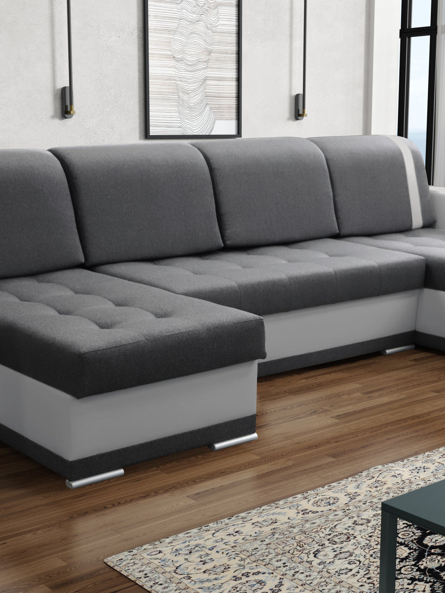 CORNER SOFA BED DINA U SHAPE 308CM 3X STORAGE SPACE CHOICE OF COLOR / BONELL SPRINGS + FOAM3X STORAGE SPACEBONELL SPRINGS + FOAMFABRIC INARI + FAUX LEATHERSIZEWIDTH 308CMDEEPTH 140CMHEIGHT 90CMSLEEPING AREA 270X140CMPACKED WEIGHT/DIMENTIONS 1/4 42kg 43x13