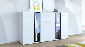 SIDEBOARD SALSA WHITE 140CMDimensions: 1404 x 800 x 402mm (W x H x D)Number of packages: 2Front:- 15mm white laminated board- melamine rim- glass with a black print- handle: 128mm plasticBody:- 15mm white laminated board- melamine rimBack wall :- Black HD