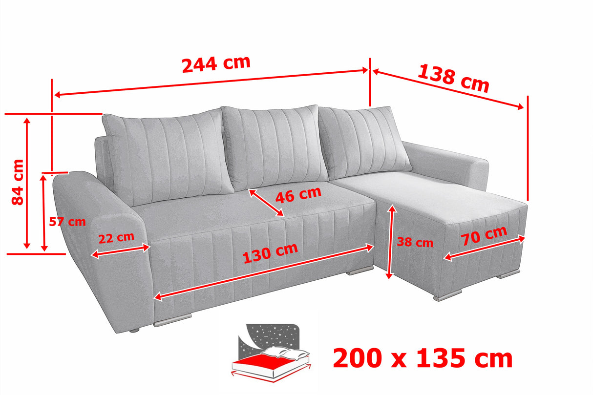 CORNER SOFA BED MALIBU 248CM UNIVERSAL CHOICE OF COLORS UNIVERSAL RIGHT/LEFT CORNER / FOAMTHIS MODEL IS UNIVERSAL WHICH MEANS YOU CAN CHOOSE CORNER SIDE DURING ASSEMBLYMADE IN MALMO FABRIC CLICK HERE3x PILLOWS INCLUDED1X STORAGE SPACEDIMENTIONS:Corner wid