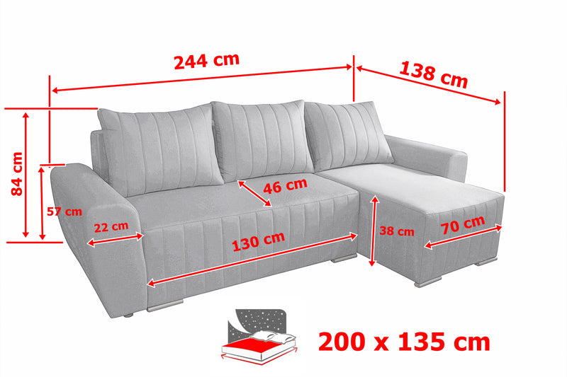 CORNER SOFA BED MALIBU 248CM UNIVERSAL CHOICE OF COLORS RIGHT/LEFT CORNER - Anna Furniture