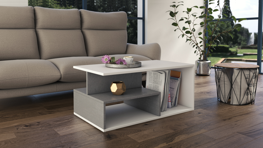 COFFEE TABLE PRIMA WHITE / GREY 90X51CMDIMENSIONS: Width: 90 cm-Depth: 51 cmHeight: 43 cm Usage: The surface of the furniture should be cleaned with a soft cloth. Avoid using harsh chemicals. In the package: Assembly instructions with all necessary assemb