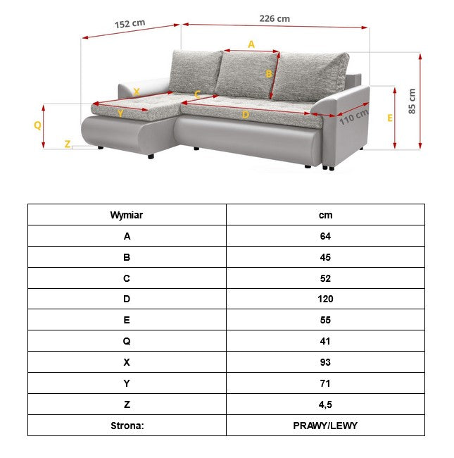 CORNER SOFA BED PRADO LAWA 5/17 226CM / SPRINGS + FOAMSEAT AND CUSHION MADE IN LAWA FABRIC CLICK HERE BOTTOM AND SIDES MADE ON FAUX LEATHER SOFT CLICK HERECORNER SOFA BED PRADAWAVY SPRINGSFOAM T30SLEEPING FUNCTIONDIMENSTIONS:WIDTH: 226cmDEPTH: 152CMHEIGHT