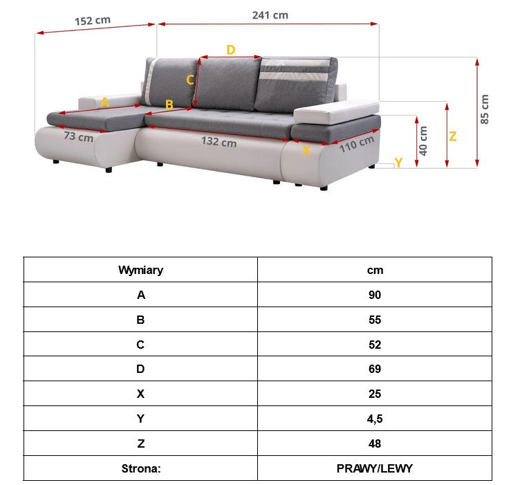 CORNER SOFA BED MAX 241CM / SPRINGS + FOAMSEAT AND CUSHIONS MADE IN LUX FABRIC CLICK HERE BOTTOM AND SIDES MADE OF FAUX LEATHER SOFT CLICK HERECORNER SOFA BED MAXIWAVY SPRINGSFOAM T30SLEEPING FUNCTIONDIMENSTIONS:WIDTH: 241CMDEPTH: 152CMHEIGHT: 85CMAnna Fu