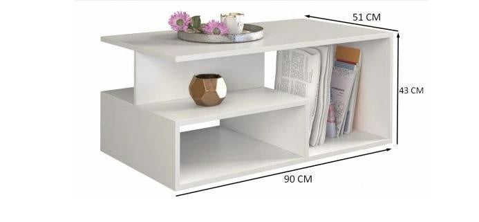 COFFEE TABLE PRIMA WHITE 90X51CMDIMENSIONS: Width: 90 cm-Depth: 51 cmHeight: 43 cm Usage: The surface of the furniture should be cleaned with a soft cloth. Avoid using harsh chemicals. In the package: Assembly instructions with all necessary assembly acce