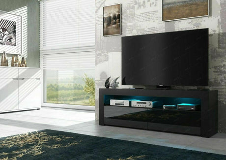 TV STAND DACO 2 BLACK GLOSS FRONTS 160CMDepth: 40 cmWidth: 160 cmHeight: 45 cmMinimalist designThe cabinet has 2 functional and roomy storage compartments.The furniture has high gloss lacquered fronts and the body of the furniture is matt.A modern RTV tab