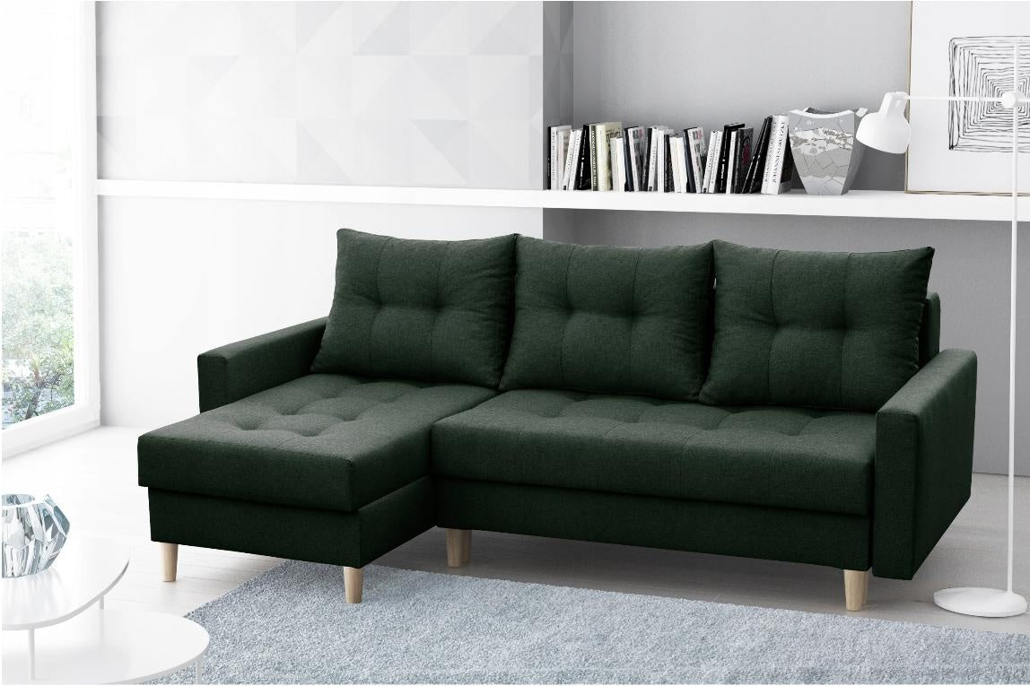 CORNER SOFA BED BRIAN 222x140CM 2X STORAGE SPACE Universal CORNER RIGHT/LEFT / BONELL SPINGS + FOAMTHIS MODEL IS UNIVERSAL WHICH MEANS YOU CAN CHOOSE CORNER SIDE DURING ASSEMBLYMADE IN MALMO FABRIC CLICK HERE3x PILLOWS INCLUDED2X STORAGE SPACEWOODEN LEGSP