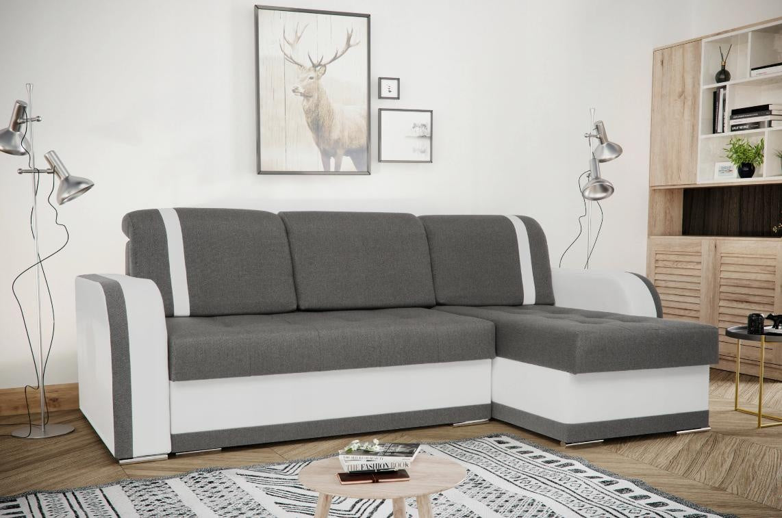 CORNER SOFA BED DINA 236CM 2X STORAGE SPACE GREY/WHITE INARI 96/1115 UNIVERSAL CORNER RIGHT/LEFT CORNER / BONELL SPRINGS + FOAMVIEW ALL COLORS CLICK HERETHIS MODEL IS UNIVERSAL WHICH MEANS YOU CAN CHOOSE CORNER SIDE DURING ASSEMBLYBONELL SPRINGS + FOAM 2X