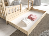 HOUSE SHAPE SOLID PINE BUNK BED BELLA 168x86cm WITH DRAW AND MATTRESSThe bed is made entirely of FSC-certified pine wood, covered with three layers of varnish safe for children. Removable safety barrier will protect the smallest children from falling! Com