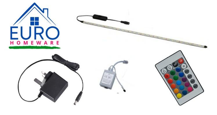 RGB LED STRIP 45CM FOR CABINETS (16 COLORS REMOTE CONTROL LED LIGHTS)Technical parameters: number of strips in the set - 1x45cm LEDs used - SMD 5050 RGB strip length - 45cm clip housing - transparent voltage - 12V Application: lighting for glass shelves w