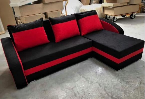 CORNER SOFA BED VELVET BLACK / RED 236cm