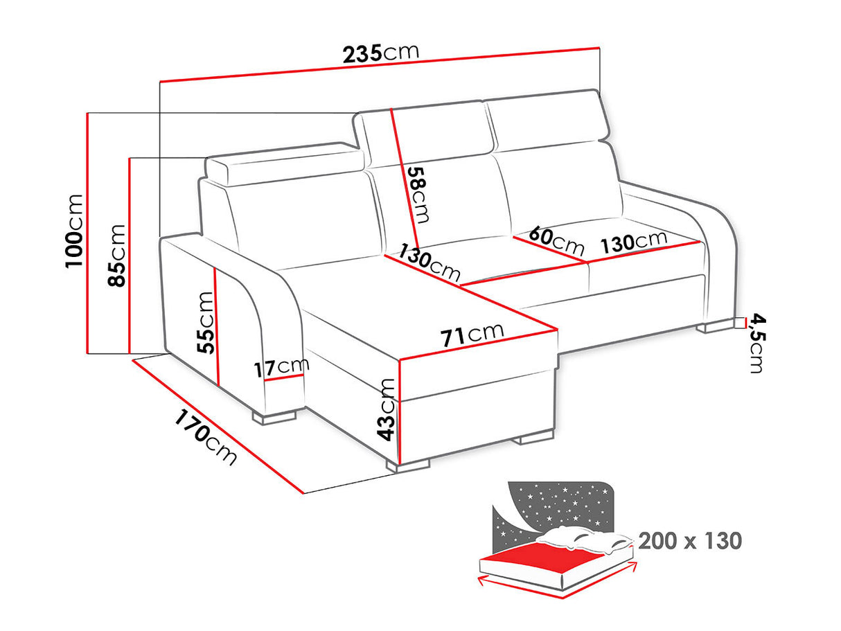UNIVERSAL CORNER SOFA BED ASTEE 235CM EASY CLEAN FABRIC ADJUSTABLE HEADREST CHOICE OF COLORS / SPRINGS + FOAMTHIS MODEL IS UNIVERSAL WHICH MEANS YOU CAN CHOOSE CORNER SIDE DURING ASSEMBLYASTI 1 ecru ASTI 2 beige ASTI 3 cold beige ASTI 4 toffee ASTI 5 milk