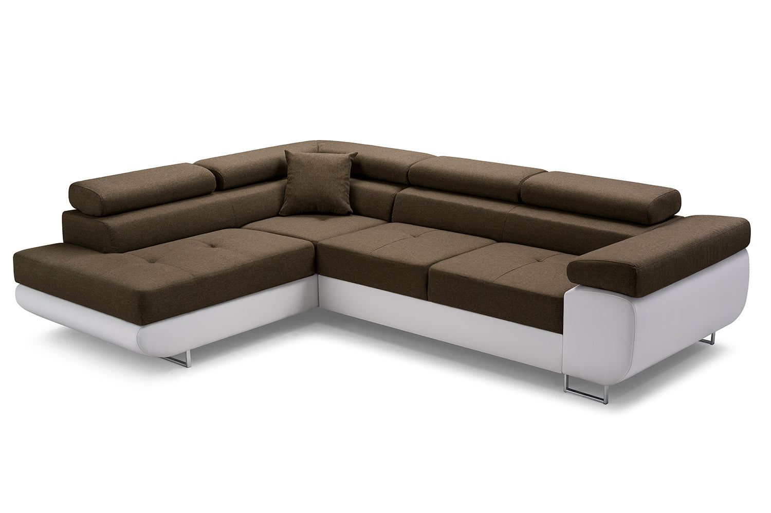 CORNER SOFA BED ASH 273CM BROWN/WHITE FAUX LEATHER / SPRINGS + FOAMWavy springs + foam CHOICE OF COLOR Large sleeping areaSEAT AND CUSHIONS MADE IN LUX FABRIC CLICK HERE BOTTOM AND SIDES MADE OF FAUX LEATHER SOFT CLICK HERE Dimensions W: 273cm D:203cm H: