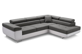 CORNER SOFA BED ASH 273CM GREY/WHITE / SPRINGS + FOAMWavy springs + foam CHOICE OF COLOR Large sleeping areaSEAT AND CUSHIONS MADE IN LUX FABRIC CLICK HERE BOTTOM AND SIDES MADE OF FAUX LEATHER SOFT CLICK HERE Dimensions W: 273cm D:203cm H: 90cm Sleeping