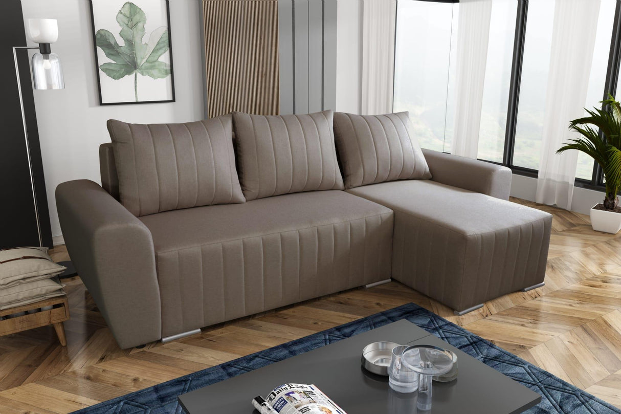 CORNER SOFA BED MALIBU 248CM UNIVERSAL CHOICE OF COLORS UNIVERSAL RIGHT/LEFT CORNER / FOAMTHIS MODEL IS UNIVERSAL WHICH MEANS YOU CAN CHOOSE CORNER SIDE DURING ASSEMBLYMADE IN MALMO FABRIC CLICK HERE3x PILLOWS INCLUDED1X STORAGE SPACEDIMENTIONS:Corner wid