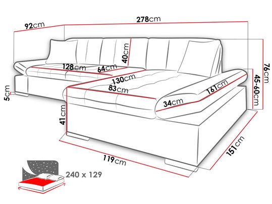 CORNER SOFA BED TOKYO BLACK/WHITE 278cm TATUM 283 / SOFT 17 - Anna Furniture