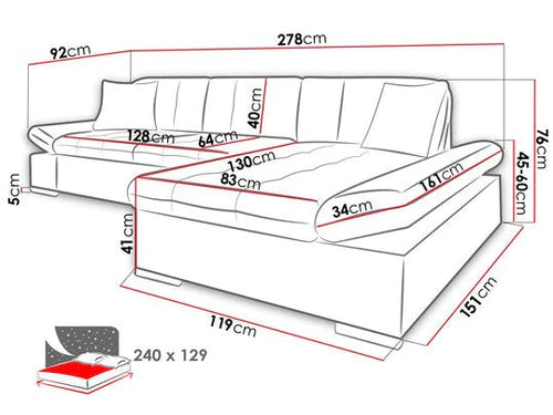 CORNER SOFA BED TOKYO 278cm MONO 238 EASY CLEAN FABRIC LEFT CORNER - Anna Furniture