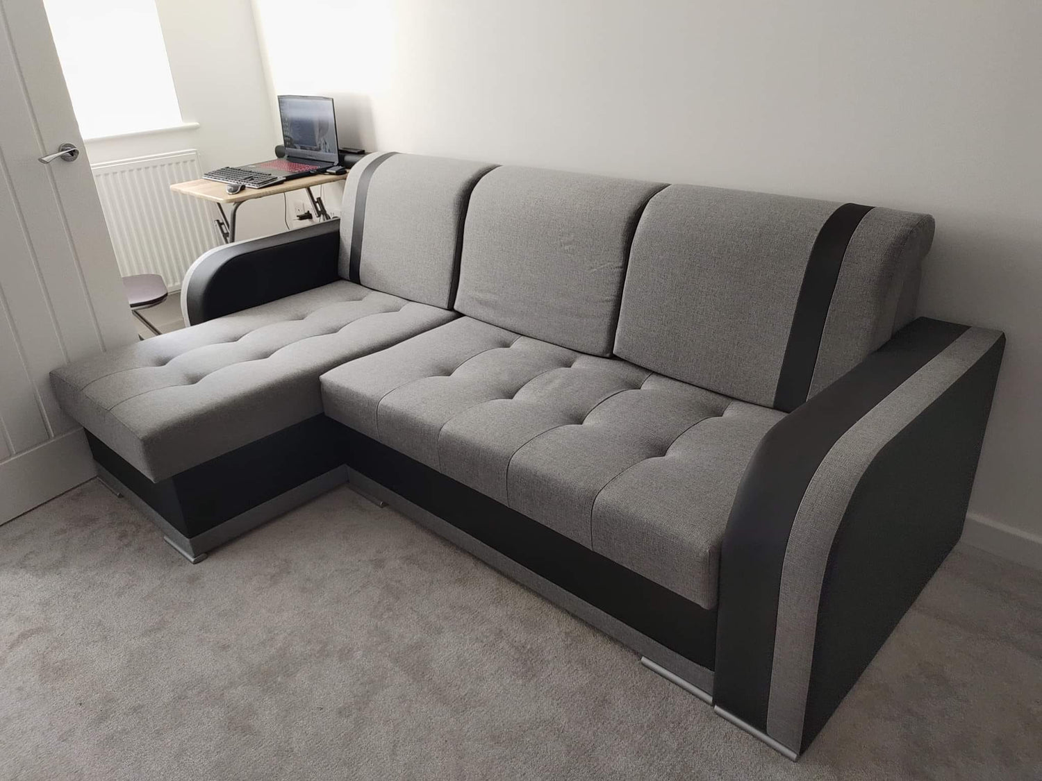 CORNER SOFA BED DINA 236CM 2X STORAGE SPACE GREY/BLACK INARI 91/1114 UNIVERSAL CORNER RIGHT/LEFT CORNER / BONELL SPRINGS + FOAMVIEW ALL COLORS CLICK HERE﻿THIS MODEL IS UNIVERSAL WHICH MEANS YOU CAN CHOOSE CORNER SIDE DURING ASSEMBLYBONELL SPRINGS + FOAM 2