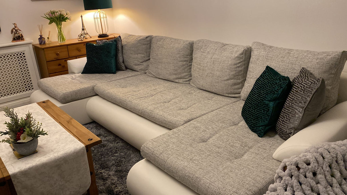 CORNER SOFA BED PRADO U LAWA 09/1115 GREY/WHITE 300CM / SPRINGS + FOAMWavy springs CHOICE OF COLOR large sleeping areaSEAT AND CUSHION MADE IN LAWA FABRIC CLICK HERE BOTTOM AND SIDES MADE ON FAUX LEATHER SOFT CLICK HERE Dimensions W: 300cm D:152cm H: 85cm