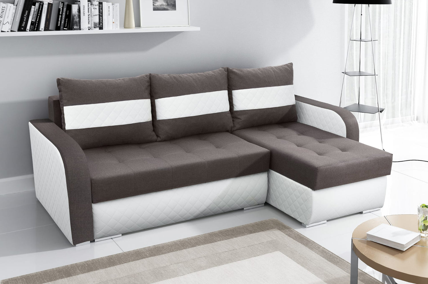 CORNER SOFA BED NESTY INARI 24/W25 228CM 2X STORAGE SPACE UNIVERSAL CORNER / BONELL SPRINGS + FOAMTHIS MODEL IS UNIVERSAL WHICH MEANS YOU CAN CHOOSE CORNER SIDE DURING ASSEMBLY2x storage space3x pillows includedFabric Inari + Faux leatherBonell springs +