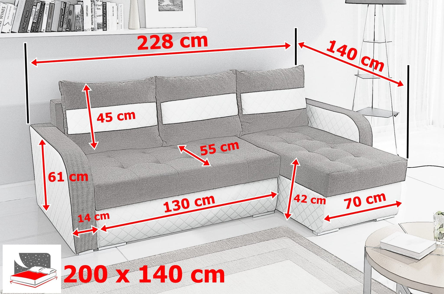 CORNER SOFA BED NESTY INARI 24/W25 228CM 2X STORAGE SPACE UNIVERSAL CORNER / BONELL SPRINGS + FOAMTHIS MODEL IS UNIVERSAL WHICH MEANS YOU CAN CHOOSE CORNER SIDE DURING ASSEMBLY2x storage space3x pillows includedFabric Inari + Faux leatherBonell springs +