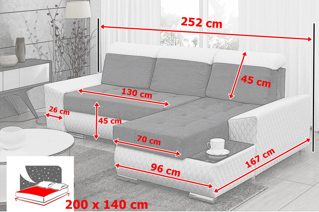 CORNER SOFA BED LONDON 2315/W53 252CM 2X STORAGE SPACE STAIN RESISTANT EASY CLEAN FABRIC / BONELL SPRINGS + FOAM252X167CMSLEEPING AREA 200X140CMFABRIC:CASABLANCA + FAUX LEATHERFEATURES:2X STORAGE CONTAINERSGLASS SHELFSTAIN RESISTANT FABRICBONELL SPRINGS +