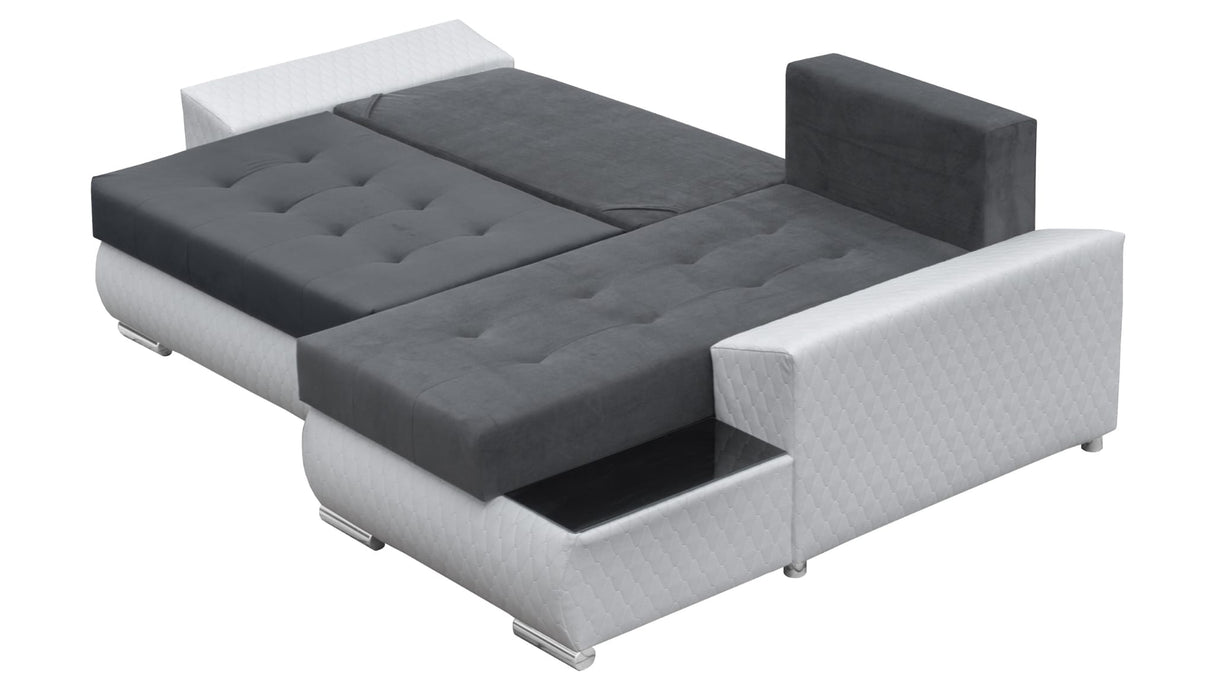 CORNER SOFA BED LONDON 2315/W53 252CM 2X STORAGE SPACE STAIN RESISTANT EASY CLEAN FABRIC / BONELL SPRINGS + FOAM252X167CMSLEEPING AREA 200X140CMFABRIC:CASABLANCA + FAUX LEATHERFEATURES:2X STORAGE CONTAINERSGLASS SHELFSTAIN RESISTANT FABRICBONELL SPRINGS +