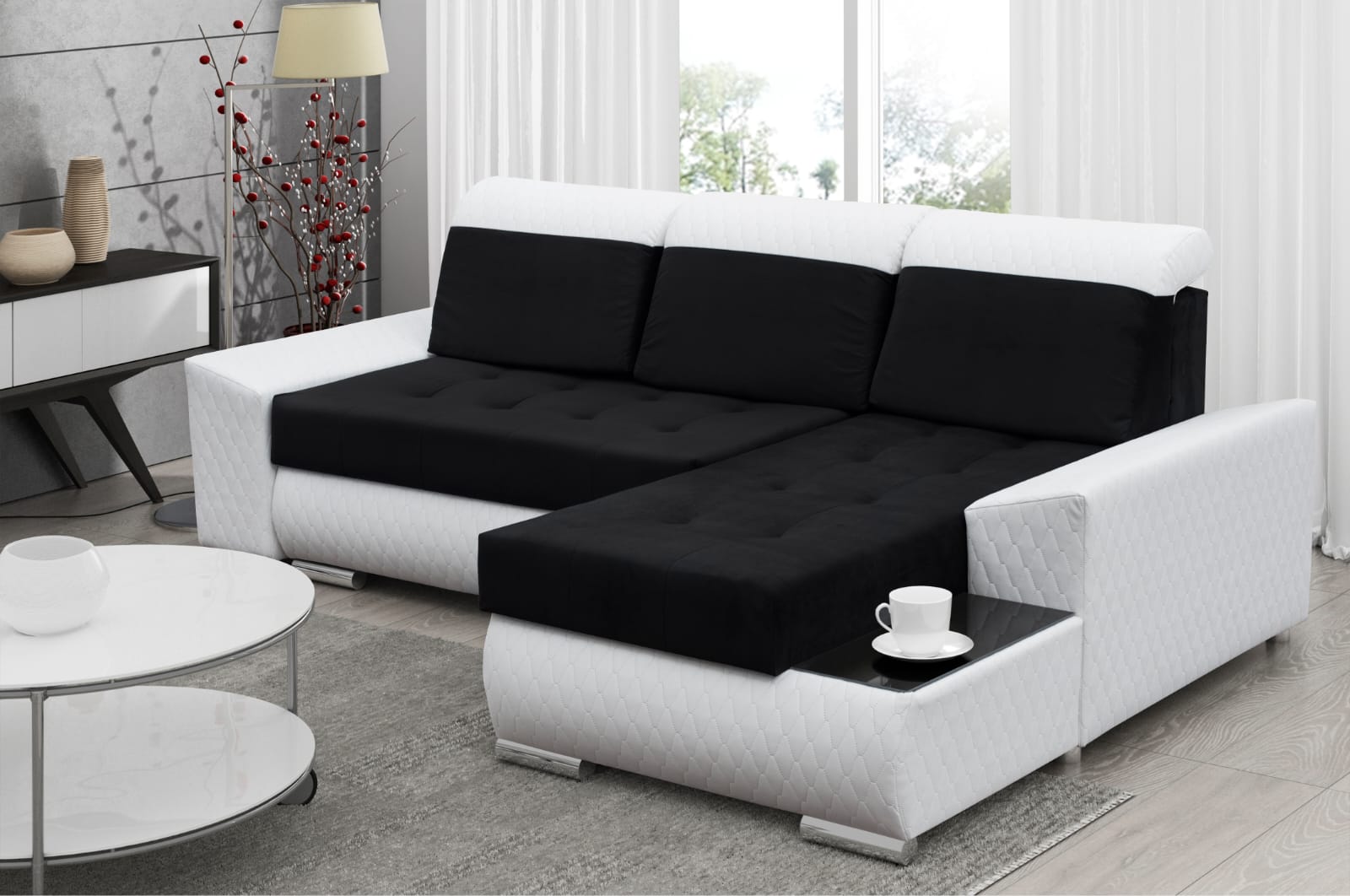 CORNER SOFA BED LONDON 2316/1115/60 252CM 2X STORAGE SPACE STAIN RESISTANT EASY CLEAN FABRIC / BONELL SPRINGS + FOAM252X167CMSLEEPING AREA 200X140CMFABRIC:CASABLANCA + FAUX LEATHERFEATURES:2X STORAGE CONTAINERSGLASS SHELFSTAIN RESISTANT FABRICBONELL SPRIN
