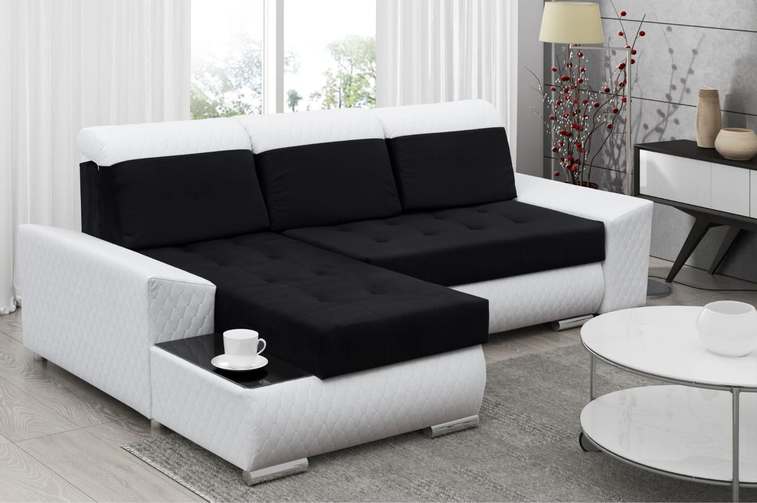 CORNER SOFA BED LONDON 2316/1115/60 252CM 2X STORAGE SPACE STAIN RESISTANT EASY CLEAN FABRIC / BONELL SPRINGS + FOAM252X167CMSLEEPING AREA 200X140CMFABRIC:CASABLANCA + FAUX LEATHERFEATURES:2X STORAGE CONTAINERSGLASS SHELFSTAIN RESISTANT FABRICBONELL SPRIN