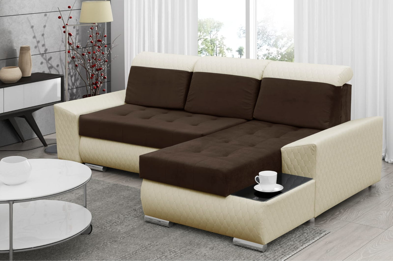 CORNER SOFA BED LONDON 2308/1124/60 252CM 2X STORAGE SPACE STAIN RESISTANT EASY CLEAN FABRIC / BONELL SPRINGS + FOAM252X167CMSLEEPING AREA 200X140CMFABRIC:CASABLANCA + FAUX LEATHERFEATURES:2X STORAGE CONTAINERSGLASS SHELFSTAIN RESISTANT FABRICBONELL SPRIN