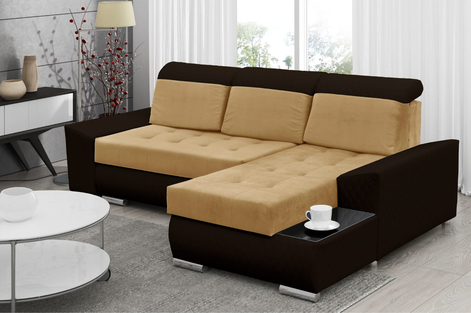 CORNER SOFA BED LONDON 2304/1113/60 252CM 2X STORAGE SPACE STAIN RESISTANT EASY CLEAN FABRIC / BONELL SPRINGS + FOAM252X167CMSLEEPING AREA 200X140CMFABRIC:CASABLANCA + FAUX LEATHERFEATURES:2X STORAGE CONTAINERSGLASS SHELFSTAIN RESISTANT FABRICBONELL SPRIN