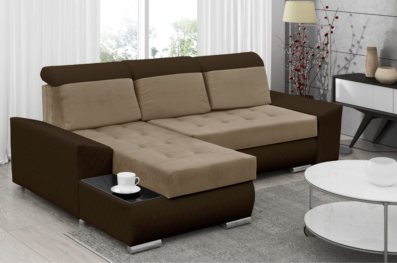 CORNER SOFA BED LONDON 2303/1116/60 252CM 2X STORAGE SPACE STAIN RESISTANT EASY CLEAN FABRIC / BONELL SPRINGS + FOAM252X167CMSLEEPING AREA 200X140CMFABRIC:CASABLANCA + FAUX LEATHERFEATURES:2X STORAGE CONTAINERSGLASS SHELFSTAIN RESISTANT FABRICBONELL SPRIN