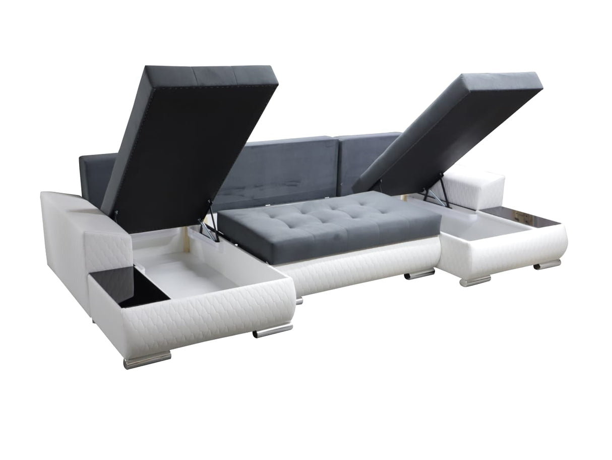 CORNER SOFA BED LONDON U SHAPE 2313/1115/60 322CM 3X STORAGE SPACE STAIN RESISTANT EASY CLEAN FABRIC / BONELL SPRINGS + FOAMFABRIC:CASABLANCA + FAUX LEATHERFEATURES:3X STORAGE CONTAINERS2XGLASS SHELFSTAIN RESISTANT FABRICBONELL SPRINGS + FOAMCASABLANCAIs