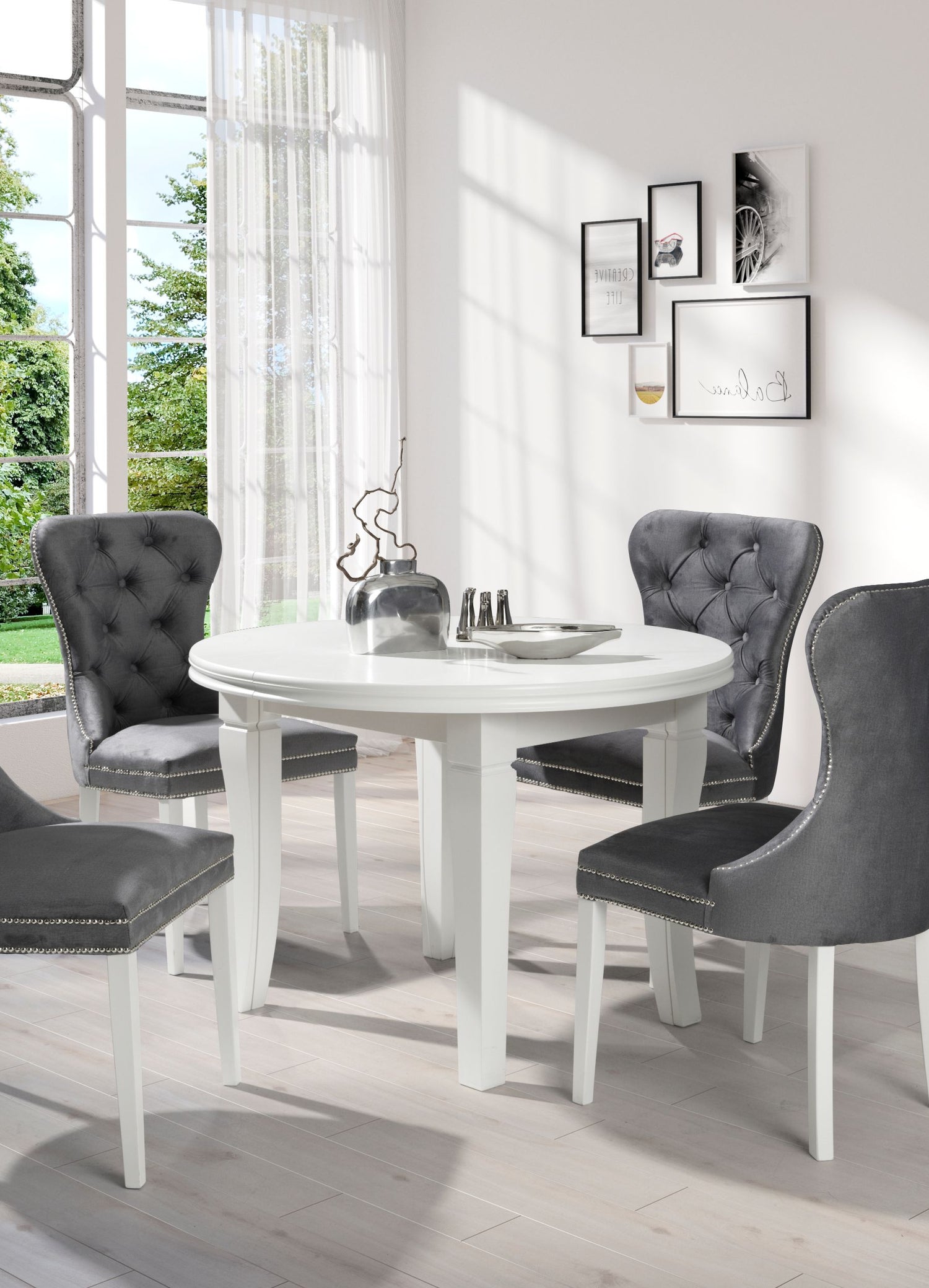 BOSS DINING SET WITH 4 CHAIRS EXTANDABLE TABLETable (natural veneer)Dimensions: ⌀ 110cmheight: 77cmWhen unfolded: 260 x 110 (3 inserts 50 cm each)Chair with a knocker- height: 96cm- width: 55cm- depth: 44cm- seat height: 48 cmAnna Furniture