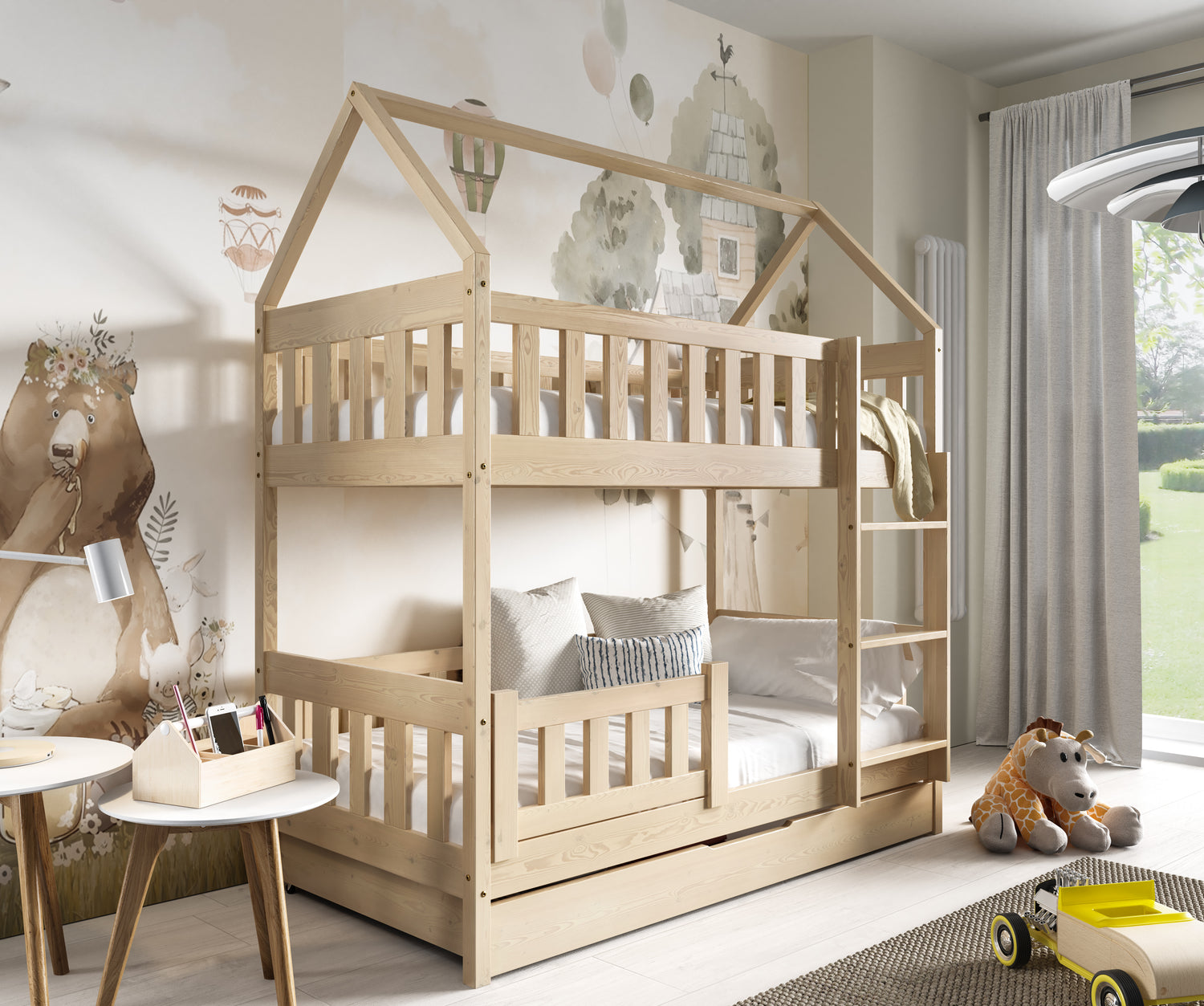HOUSE SHAPE SOLID PINE BUNK BED BELLA 168x86cm WITH DRAW AND MATTRESSThe bed is made entirely of FSC-certified pine wood, covered with three layers of varnish safe for children. Removable safety barrier will protect the smallest children from falling! Com