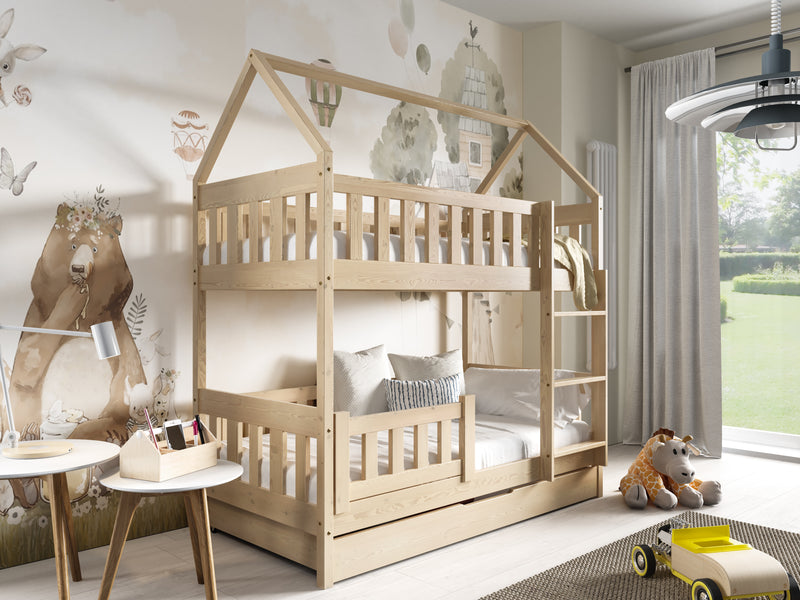 HOUSE SHAPE SOLID PINE BUNK BED BELLA 168x86cm WITH DRAW AND MATTRESS