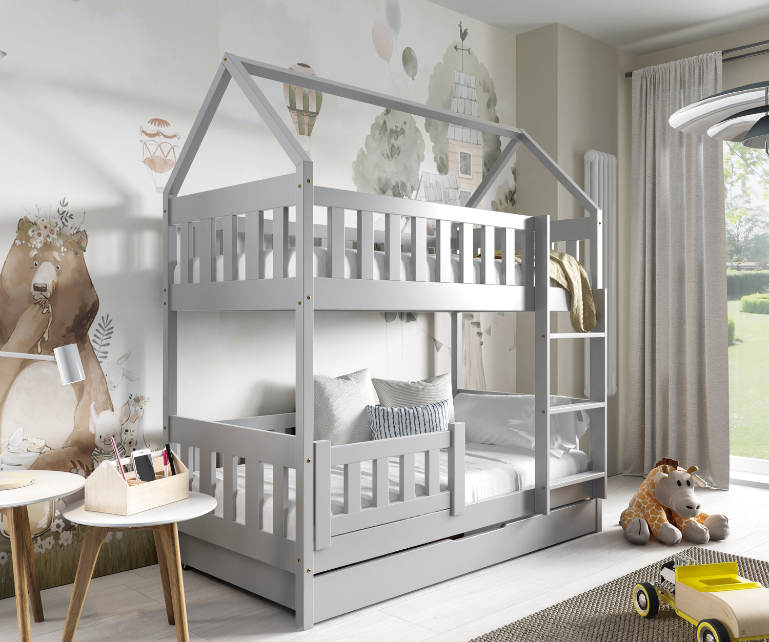 HOUSE SHAPE SOLID PINE BUNK BED BELLA GREY 168x86cm WITH DRAW AND MATTRESSThe bed is made entirely of FSC-certified pine wood, covered with three layers of varnish safe for children. Removable safety barrier will protect the smallest children from falling