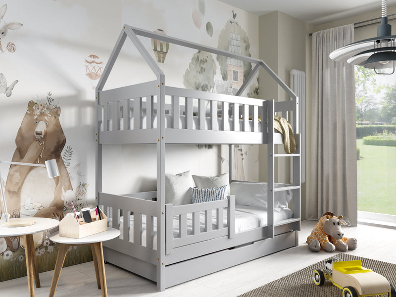 HOUSE SHAPE SOLID PINE BUNK BED BELLA GREY 168x86cm WITH DRAW AND MATTRESS