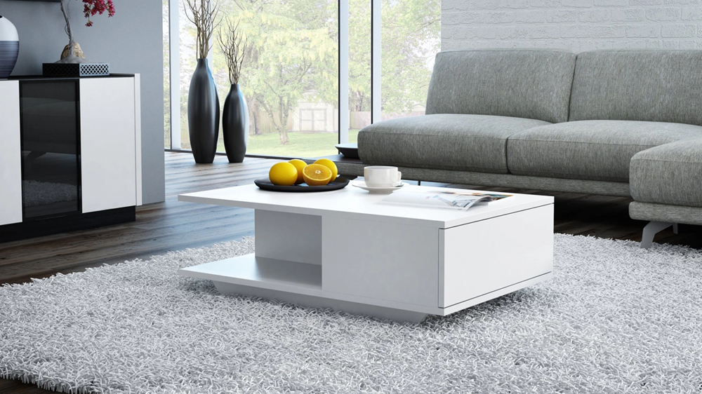 COFFEE TABLE DENVER WHITE MATT TOP AND DRAW FRONT 60x90cmDIMENSIONS:Width: 60 cmHeight: 42 cmDepth: 90 cm Table top: 60 x 90 cm Tabletop thickness: 16 mmMATERIAL: 16mm laminated chipboard.With TIP-ON, the glove box door without a handle can be opened easi