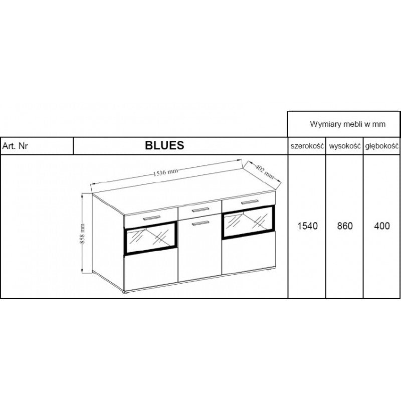 SIDEBOARD MAXI WHITE 154CMChest of drawers dimensions: 1540 x 858 x 402mm (W x H x D)Number of packages: 2Front:- 15mm white laminated board- melamine rim- glass with a black print- handle: 128mm plasticBody:- 15mm white laminated board- melamine rimBack