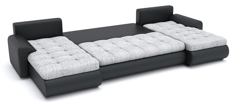 CORNER SOFA BED PRADO U SHAPE TRINITY 15/1114 GRAPHITE / BLACK FAUX LEATHER 300cm WATER RESISTANT FABRIC / SPRINGS + FOAMWavy springs CHOICE OF COLOR large sleeping areaSeat and cushions made of Trinity Fabric click here bottom and sides made on faux leat
