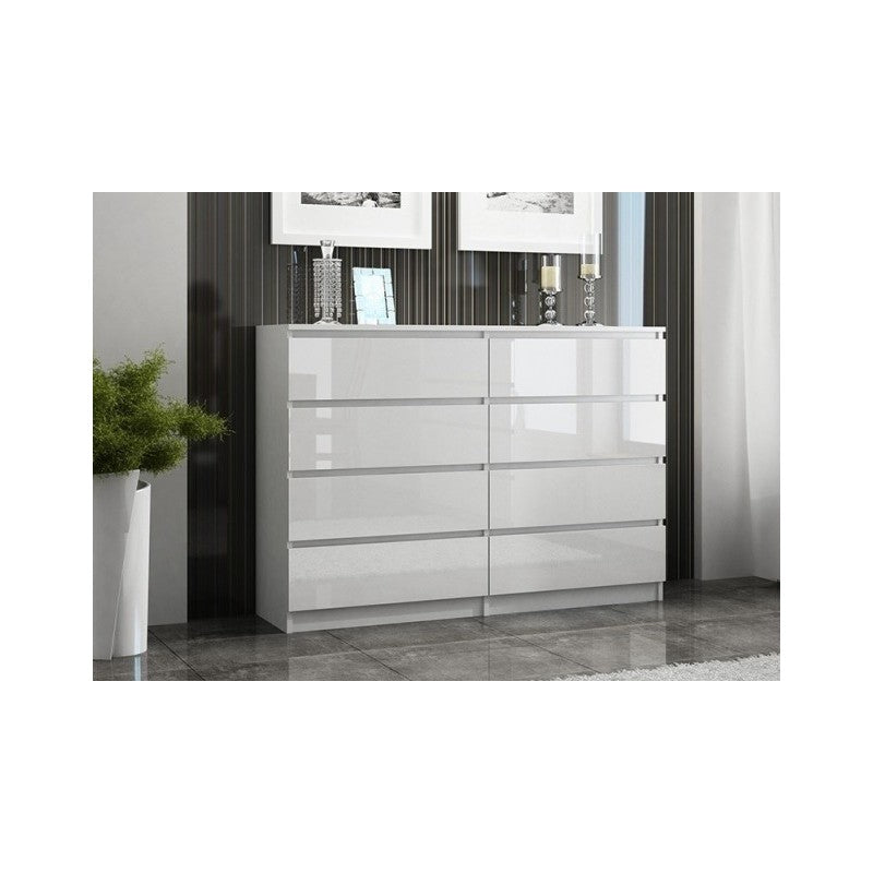 CHEST OF 8 DRAWS WHITE/WHITE GLOSS 120CMDimensions:Depth: 40 cmWidth: 120 cmHeight: 97 cmUniversal appearance will meet the expectations of all those who value a combination of simplicity and elegance. Minimalist design The handle-free drawer fronts ensur