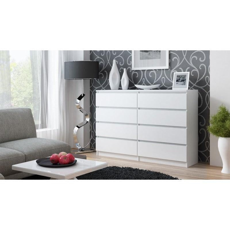 CHEST OF 8 DRAWS WHITE/WHITE GLOSS 120CMDimensions:Depth: 40 cmWidth: 120 cmHeight: 97 cmUniversal appearance will meet the expectations of all those who value a combination of simplicity and elegance. Minimalist design The handle-free drawer fronts ensur