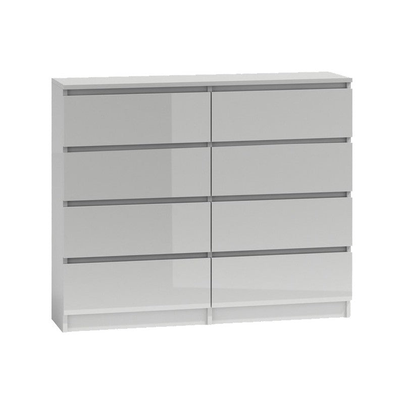 CHEST OF 8 DRAWS WHITE/WHITE GLOSS 120CMDimensions:Depth: 40 cmWidth: 120 cmHeight: 97 cmUniversal appearance will meet the expectations of all those who value a combination of simplicity and elegance. Minimalist design The handle-free drawer fronts ensur