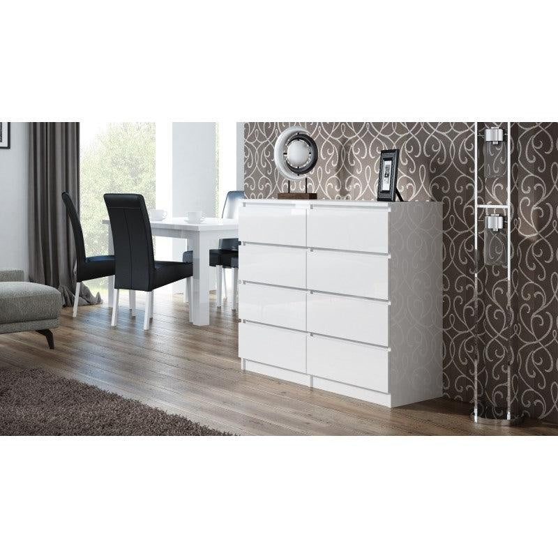 CHEST OF 8 DRAWS WHITE/WHITE GLOSS 120CMDimensions:Depth: 40 cmWidth: 120 cmHeight: 97 cmUniversal appearance will meet the expectations of all those who value a combination of simplicity and elegance. Minimalist design The handle-free drawer fronts ensur