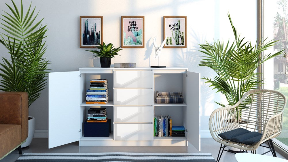 CHEST 2D4S 120cm - WHITE GLOSSThe interior of the chest of drawers consists of shelves and four drawers that will help you arrange things. It will be easier to find what you are looking for. Minimalist design The handle-free fronts of drawers and doors en