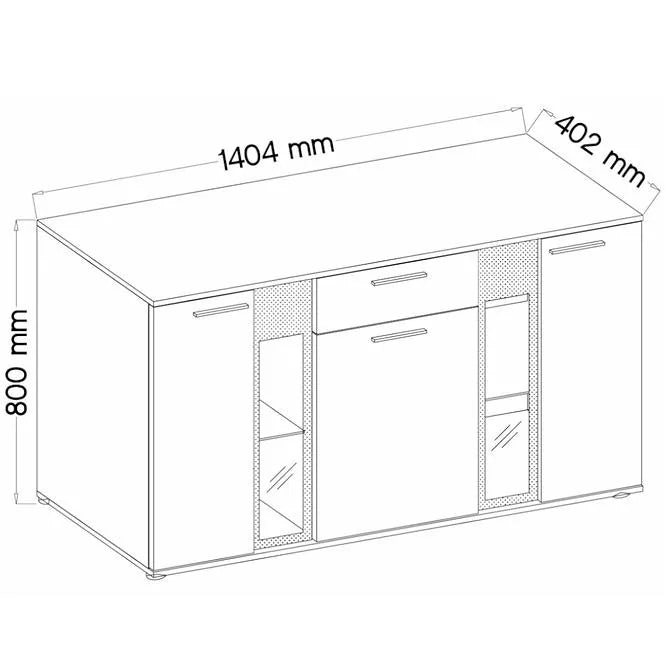 SIDEBOARD SALSA SONOMA LED LIGHTS OPTIONAL 140CMDimensions: 1404 x 800 x 402mm (W x H x D)Number of packages: 2Front:- 15mm white laminated board- melamine rim- glass with a black print- handle: 128mm plasticBody:- 15mm white laminated board- melamine rim